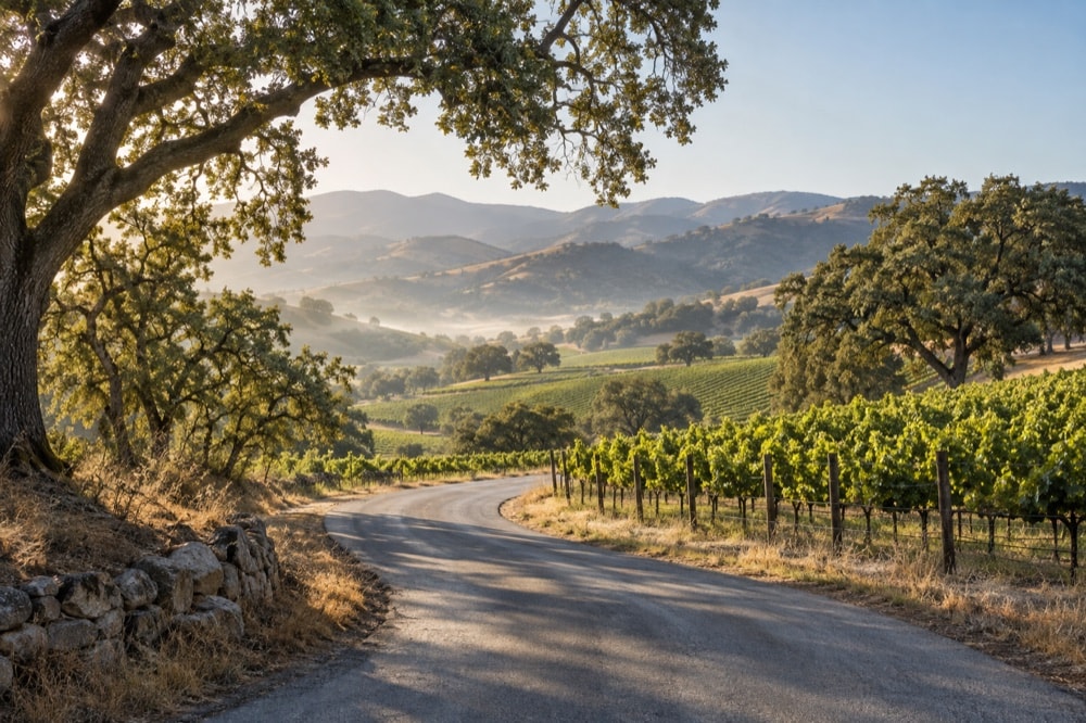 A two-lane road curving between vineyard rows and low hills